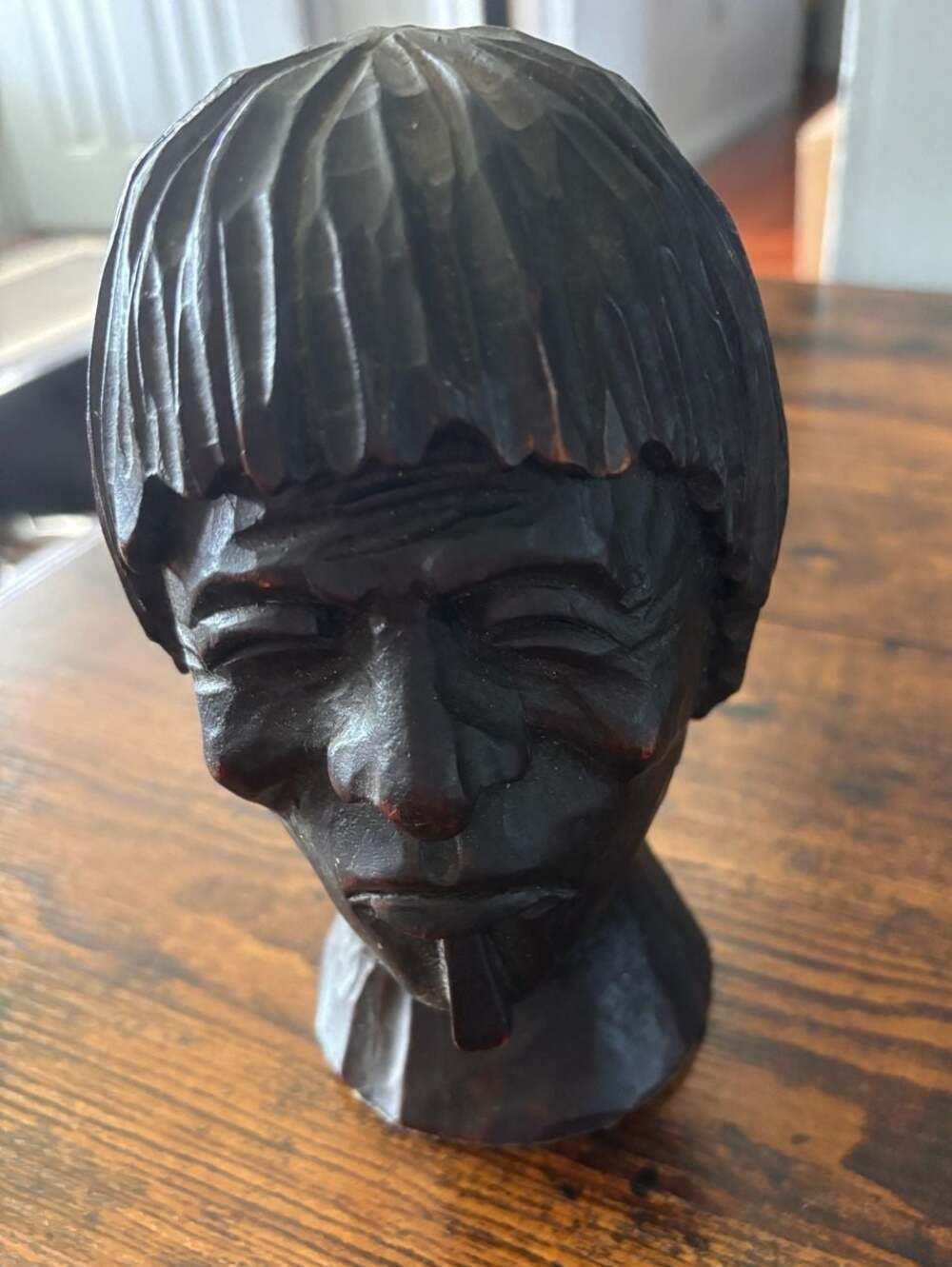 Vintage Hand-Carved Wooden Bust Sculpture of Elderly Man with Cigar